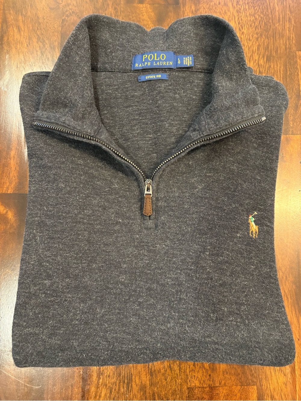 Ralph Lauren Charcoal Quarter Zip Polo Sweater with Brown Accents